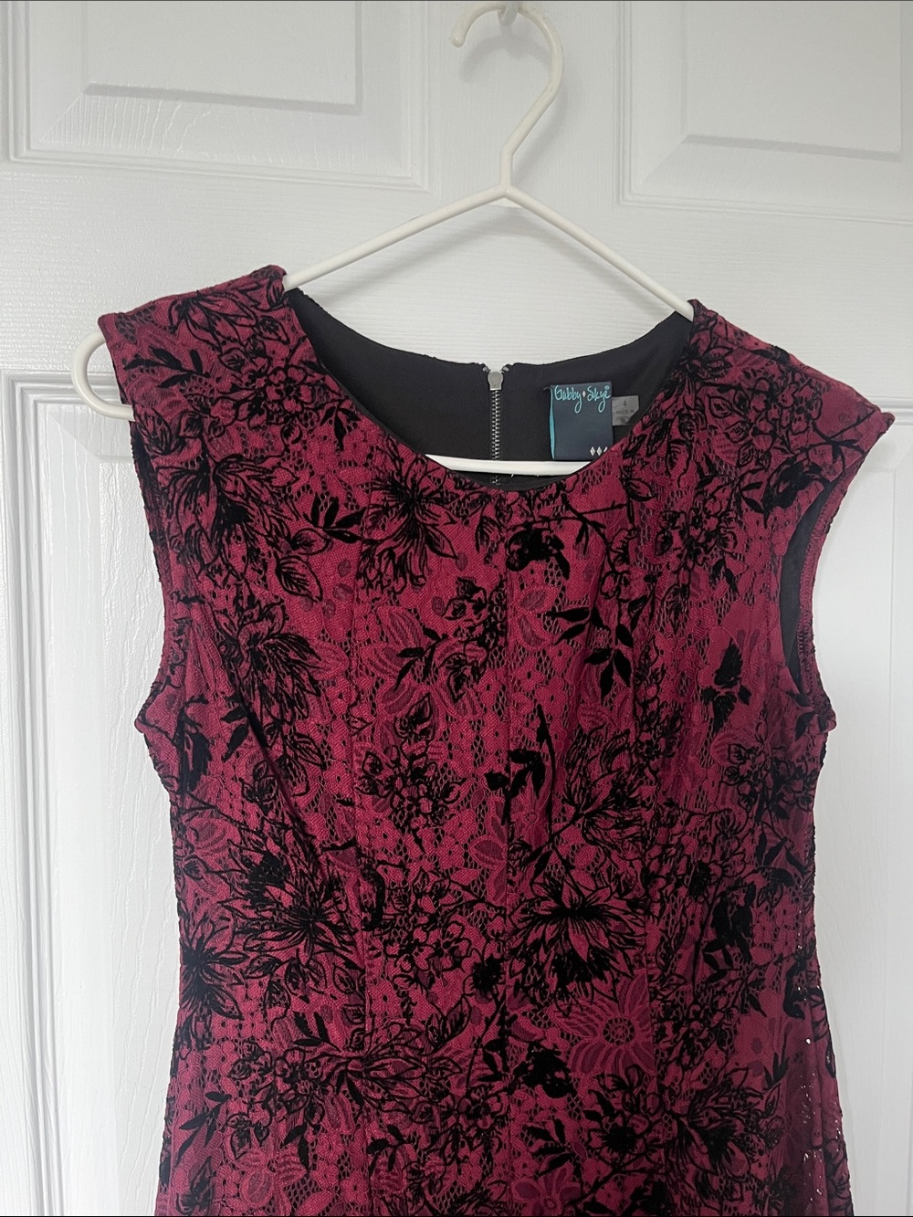 Gabby Skye Wine Red & Black Floral Lace Mini Dress